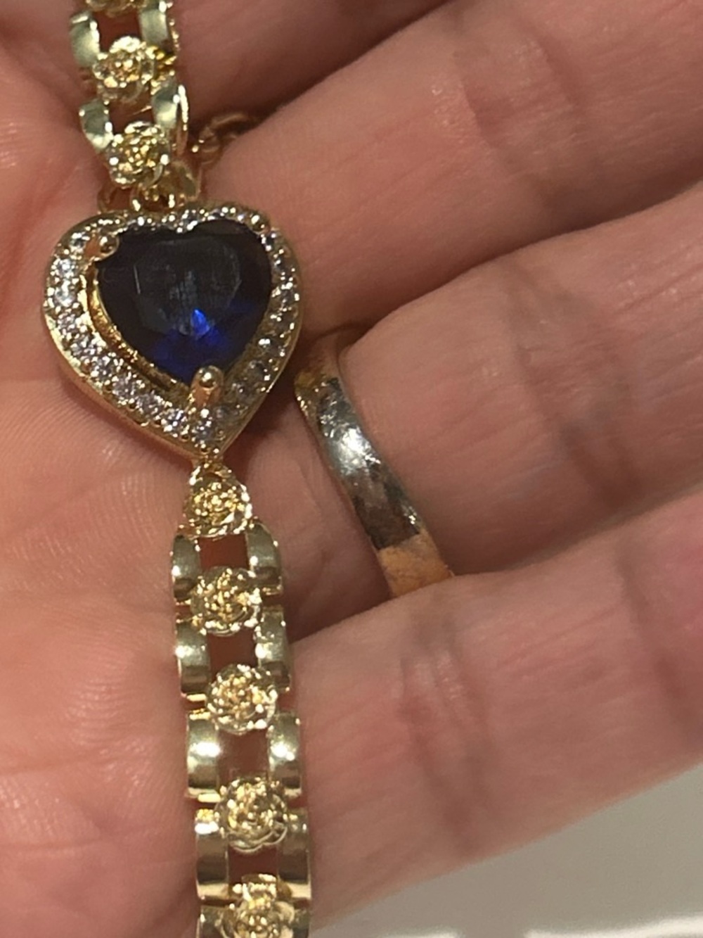 14k Gold plated Heart Bracelet with Deep Blue Stone